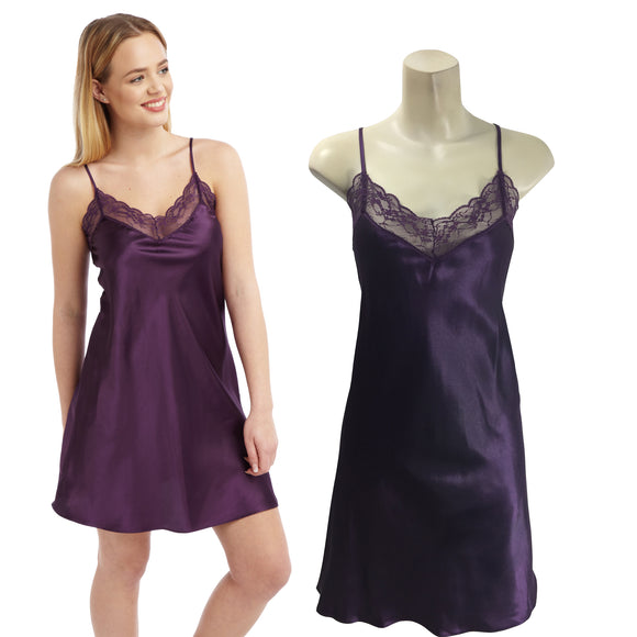 plain purple shiny silky satin and lace chemise nightie which is knee length with adjustable straps and a vee neck detail in UK plus sizes 12, 14, 16, 18, 20, 22, 24, 26, 28, 30, 32,