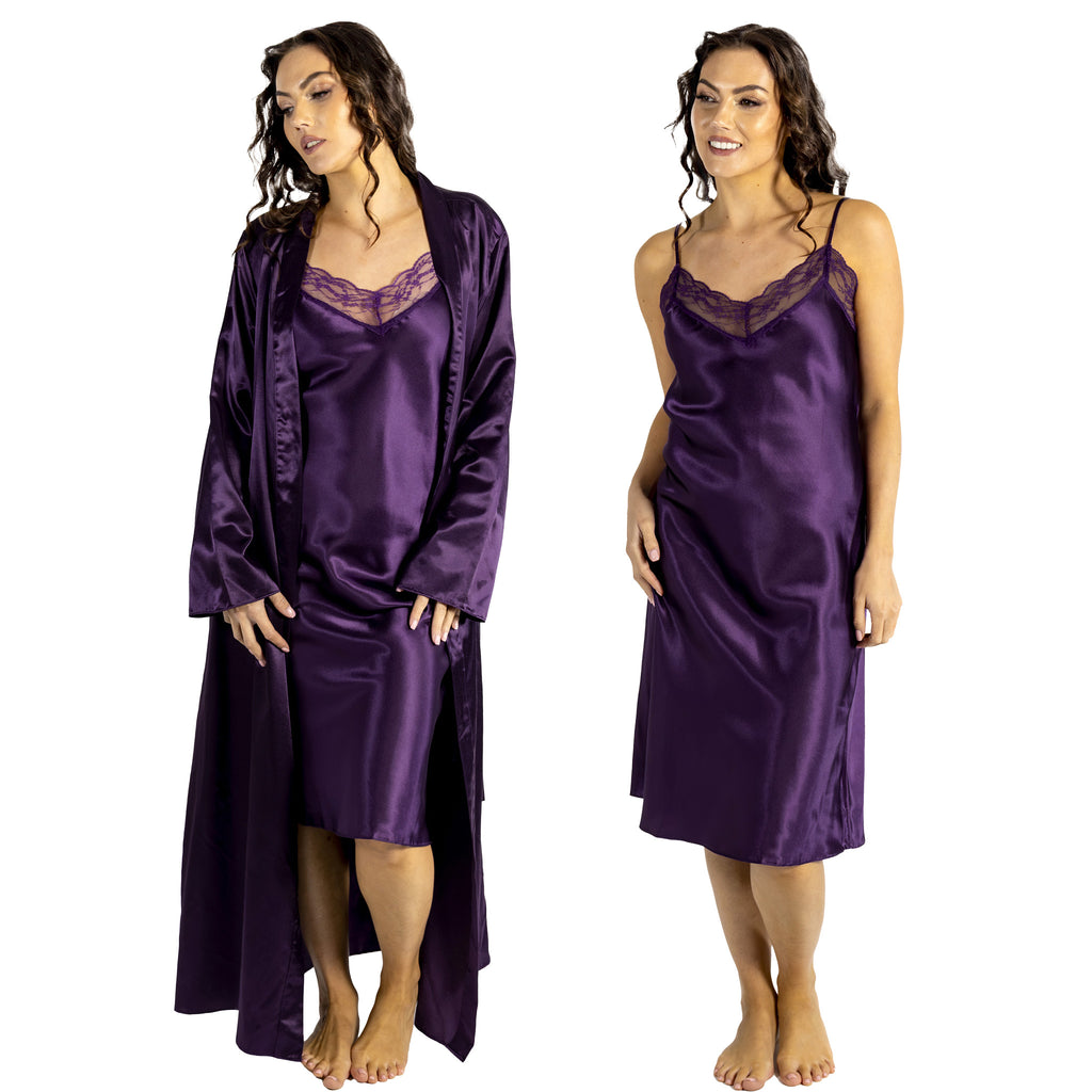 plain purple shiny silky satin and lace chemise with a wrap which is cuddleskin satin which is lined with brushed cotton for warmth. In uk sizes 12, 14, 16, 18, 20, 22. 