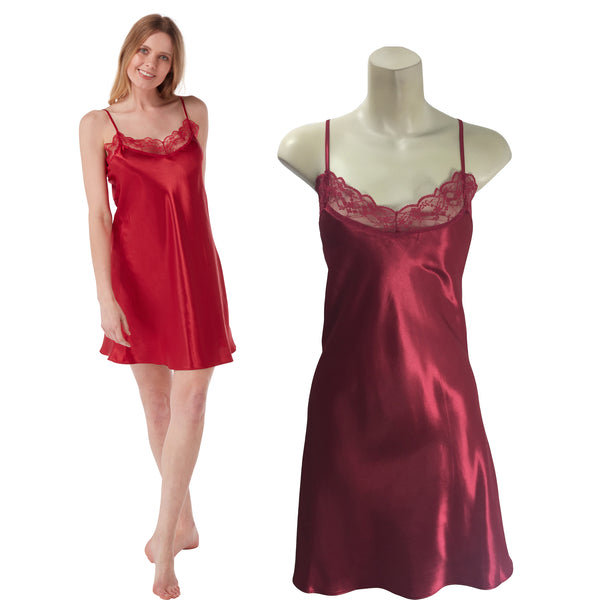 plain red shiny silky satin and lace chemise nightie which is knee length with adjustable straps and a vee neck detail in UK plus sizes 12, 14, 16, 18, 20, 22, 24, 26, 28, 30, 32,