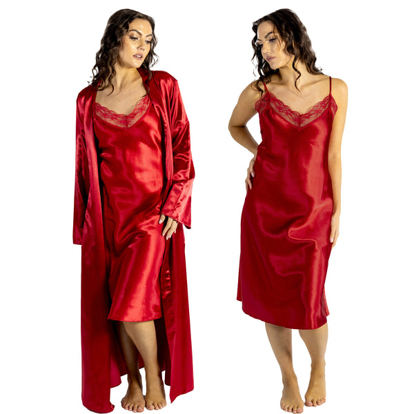 plain bright red shiny silky satin and lace  chemise with a wrap which is cuddleskin satin which is lined with brushed cotton for warmth. In uk sizes 12, 14, 16, 18, 20, 22, 24, 26