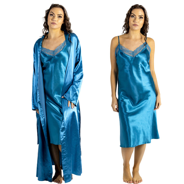 plain teal blue shiny silky satin and lace  chemise with a wrap which is cuddleskin satin which is lined with brushed cotton for warmth. In uk sizes 12, 14, 16, 18, 20, 22, 24, 26