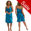 plain teal blue shiny silky satin and lace chemise nightie which is midi over the knee length with adjustable straps and a vee neck detail in UK sizes 12, 14, 
