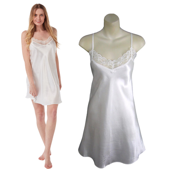 plain ivory white shiny silky satin and lace chemise nightie which is knee length with adjustable straps and a vee neck detail in UK plus sizes 8, 12, 14, 16, 18, 20, 22, 24