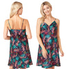 tribal tropical palm floral animal print style with a navy background in a shiny silky satin chemise nightie which is knee length with adjustable straps and a vee neck detail in UK sizes 14, 16, 18, 20,