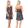 tribal tropical palm floral animal print style with a navy background in a shiny silky satin chemise nightie which is knee length with adjustable straps and a vee neck detail in UK sizes 14, 16, 18, 20,