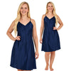 plain navy blue shiny silky satin chemise nightie which is knee length with adjustable straps and a vee neck detail in UK plus sizes 12, 14, 16, 18, 20, 22, 24, 26, 28, 30, 32