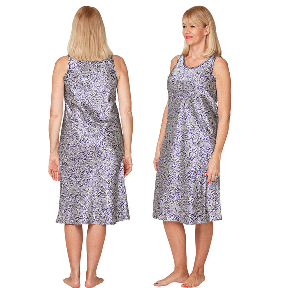 ladies blue satin bloom floral knee length nightdress with wide straps in UK size 14, 16, 18, 20, 22, 24, 26, 28