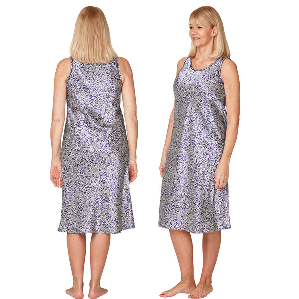 ladies blue satin bloom floral knee length nightdress with wide straps in UK size 14, 16, 18, 20, 22, 24, 26, 28