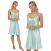 plain aqua turquoise satin chemise nightie which is knee length with adjustable straps and a round neck detail in UK sizes 12, 14,