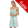 plain aqua turquoise satin chemise nightie which is knee length with adjustable straps and a round neck detail in UK sizes 12, 14,