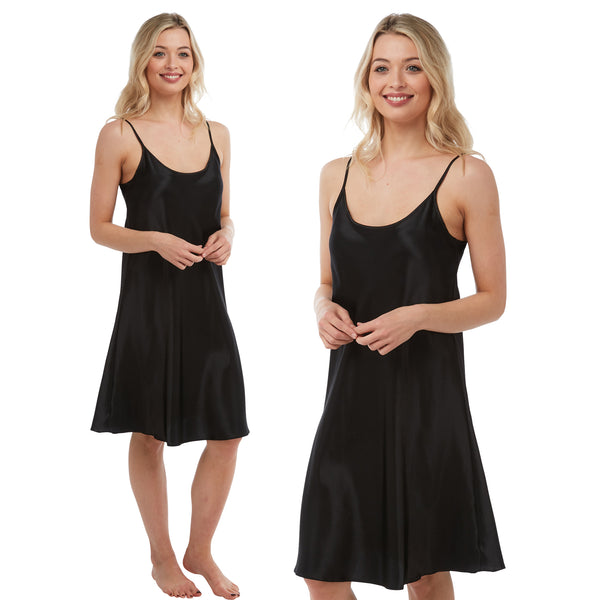 plain black shiny silky satin chemise nightie which is knee length with adjustable straps and a round neck detail in UK sizes 8, 10, 12, 14, 16, 18