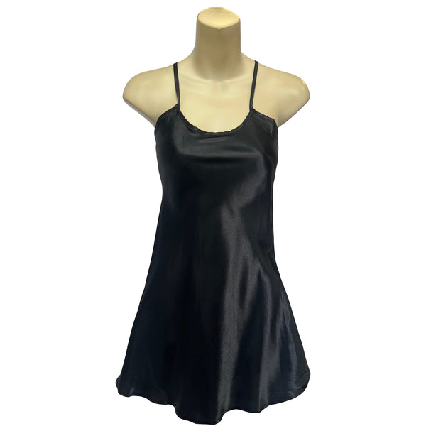 plain shiny silky black satin chemise nightie which is short length with fixed straps and a round neck detail in UK sizes 10, 12, 14, 16, 18, 20, 22, 24