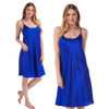 plain cobolt bright blue satin chemise nightie which is knee length with adjustable straps and a round neck detail in UK sizes 8, 10, 12, 14