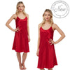 plain bright red shiny silky satin chemise nightie which is knee length with adjustable straps and a round neck detail in UK sizes 12, 14,