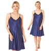 plain navy blue shiny silky satin chemise nightie which is knee length with adjustable straps and a vee neck detail in UK plus sizes 12, 14, 16, 18, 20, 22, 24, 26, 28, 30, 32, 34, 36, 38