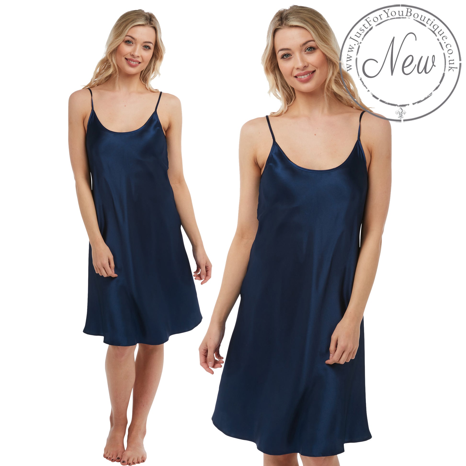 plain navy blue shiny silky satin chemise nightie which is knee length with adjustable straps and a round neck detail in UK sizes 12, 14, 