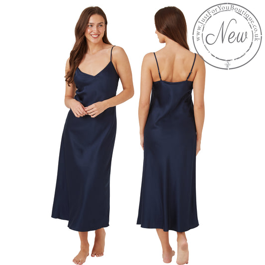 long full length mat silky satin chemise nightdress with string adjustable straps in a plain navy blue in UK plus sizes 20, 22, 24, 26,