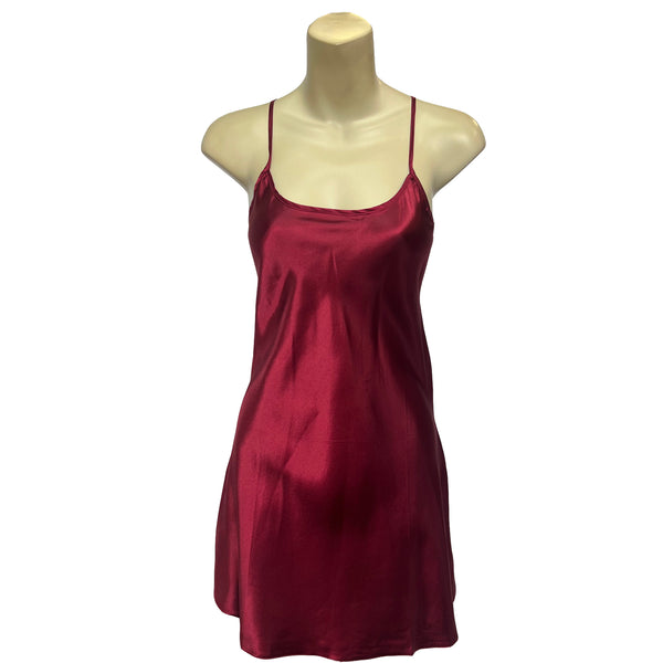 plain shiny silky crimson red satin chemise nightie which is short length with fixed straps and a round neck detail in UK sizes 12, 14, 16, 18, 20, 22, 24