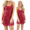 plain shiny silky crimson red satin chemise nightie which is short length with fixed straps and a round neck detail in UK sizes 12, 14, 16, 18, 20, 22, 24