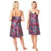 tribal tropical palm floral animal print style with a purple background in a shiny silky satin chemise nightie which is knee length with adjustable straps and a vee neck detail in UK sizes 14, 16, 18, 20,