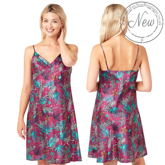 tribal tropical palm floral animal print style with a purple background in a shiny silky satin chemise nightie which is knee length with adjustable straps and a vee neck detail in UK sizes 14, 16, 18, 20,