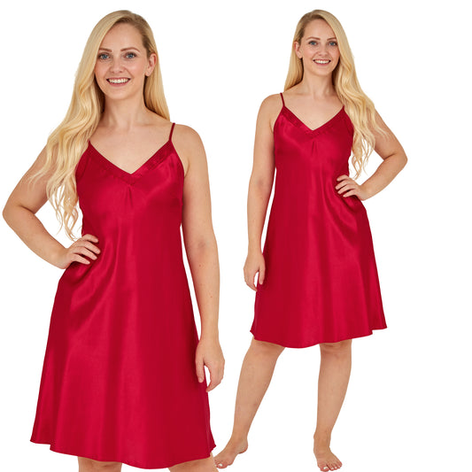 plain red shiny silky satin chemise nightie which is knee length with adjustable straps and a vee neck detail in UK plus sizes 12, 14, 16, 18, 20, 22, 24, 26, 28, 30, 32