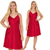 Plain red shiny silky satin chemise nightie which is knee length with adjustable straps and a vee neck detail in UK plus sizes 12, 14, 16, 18, 20, 22, 24, 26, 28, 30, 32