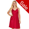 Plain red shiny silky satin chemise nightie which is knee length with adjustable straps and a vee neck detail in UK sizes 12, 14, 16, 