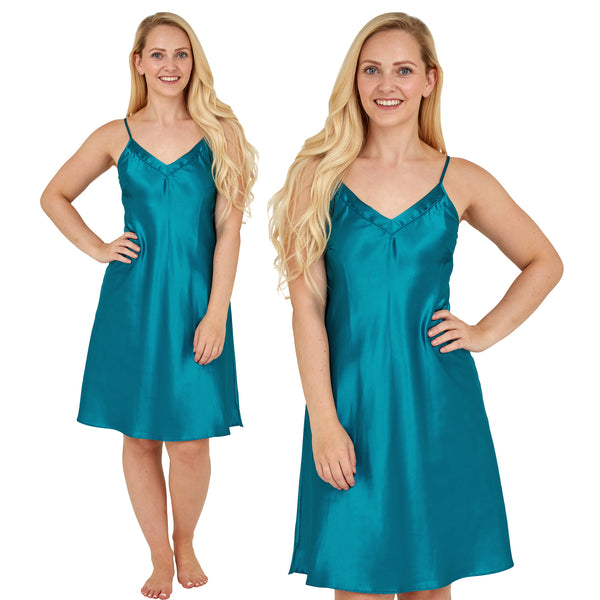 Plain Teal Blue Sexy Silky Shiny Satin Chemise Nightie Full Slip