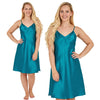 plain teal blue shiny silky satin chemise nightie which is knee length with adjustable straps and a vee neck detail in UK plus sizes 12, 14, 16, 18, 20, 22, 24, 26, 28, 30, 32