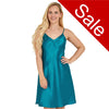 Plain teal blue shiny silky satin chemise nightie which is knee length with adjustable straps and a vee neck detail in UK sizes 12, 14, 16,