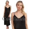 long full length silky shiny warm lined satin chemise nightdress with string adjustable straps in plain black in UK plus sizes 12, 14, 16, 18, 20, 22, 24, 26, 28, 30, 32, 34