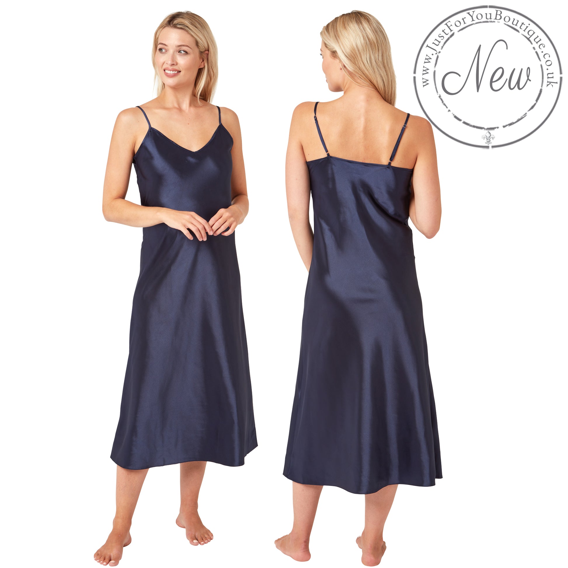 long full length silky shiny satin chemise nightdress with string adjustable straps in plain dark indigo blue in UK plus sizes 16, 18, 20, 22, 24, 26