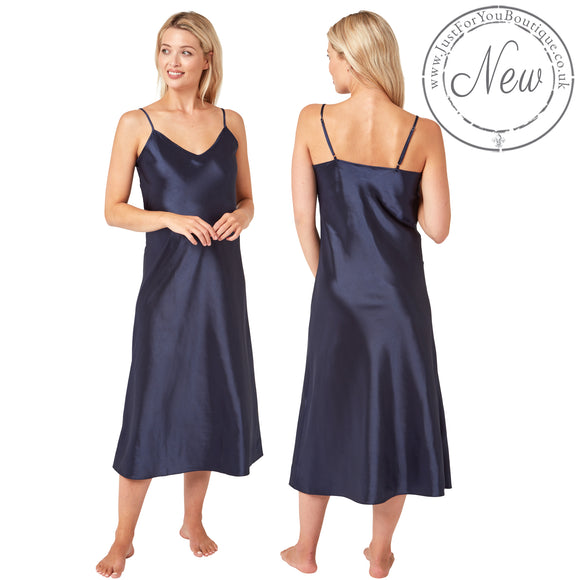 long full length silky shiny satin chemise nightdress with string adjustable straps in plain dark indigo blue in UK plus sizes 16, 18, 20, 22, 24, 26