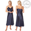 long full length silky shiny satin chemise nightdress with string adjustable straps in plain dark indigo blue in UK plus sizes 16, 18, 20, 22, 24, 26