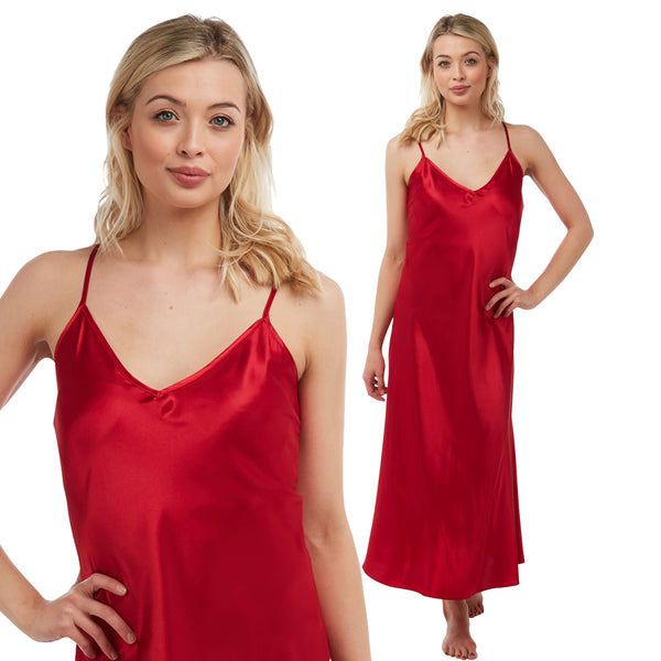 long full length silky shiny warm lined satin chemise nightdress with string adjustable straps in plain red in UK plus sizes 12, 14, 16, 18, 20, 22, 24, 26, 28, 30, 32, 34