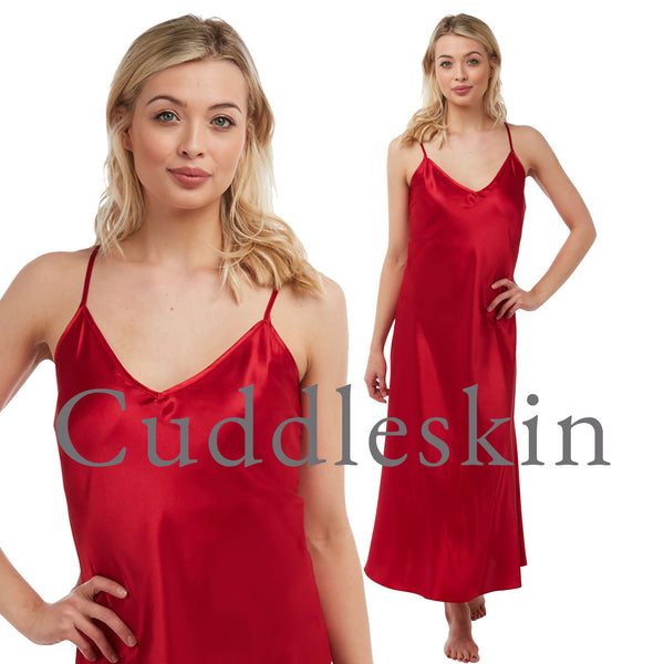 long full length silky shiny warm lined satin chemise nightdress with string adjustable straps in plain red in UK plus sizes 12, 14, 16, 18, 20, 22, 24, 26, 28, 30, 32, 34