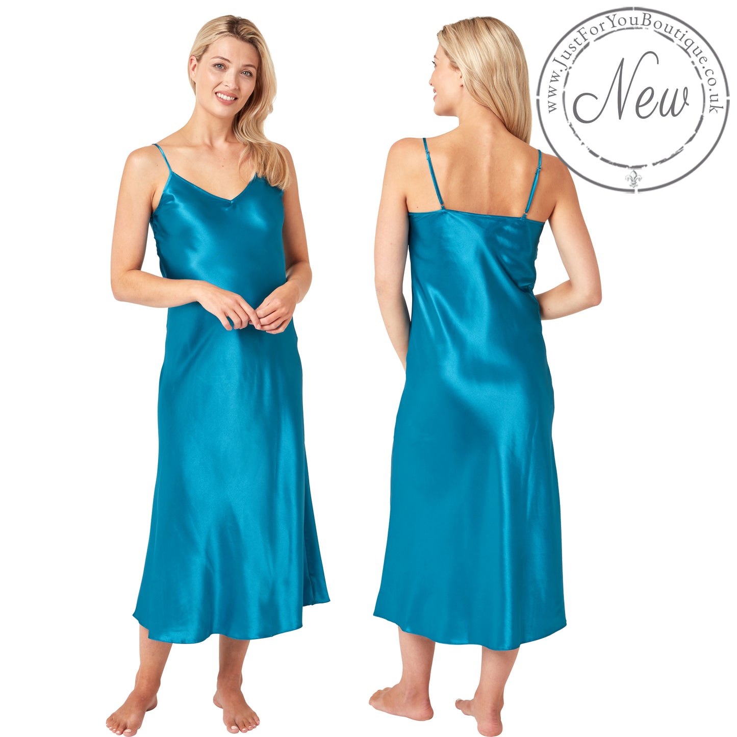 long full length silky shiny satin chemise nightdress with string adjustable straps in plain teal blue in UK plus sizes 16, 18, 20, 22, 24, 26