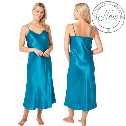 long full length silky shiny satin chemise nightdress with string adjustable straps in plain teal blue in UK plus sizes 16, 18, 20, 22, 24, 26