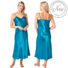 long full length silky shiny satin chemise nightdress with string adjustable straps in plain teal blue in UK plus sizes 16, 18, 20, 22, 24, 26
