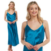 long full length silky shiny warm lined satin chemise nightdress with string adjustable straps in plain teal blue in UK plus sizes 12, 14, 16, 18, 20, 22, 24, 26, 28, 30, 32, 34