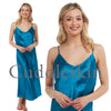 long full length silky shiny warm lined satin chemise nightdress with string adjustable straps in plain teal blue in UK plus sizes 12, 14, 16, 18, 20, 22, 24, 26, 28, 30, 32, 34