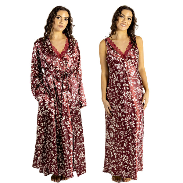 Cherry burgundy red floral silky shiny satin and lace matching wide strap nightdress and dressing gown robe set which is full length in UK plus sizes 18, 20, 22, 24,