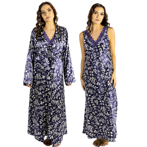 Indigo navy blue autumn floral silky shiny satin and lace matching wide strap nightdress and dressing gown robe set which is full length in UK plus sizes 18, 20, 22, 24,