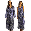 Indigo navy blue autumn floral silky shiny satin and lace matching wide strap nightdress and dressing gown robe set which is full length in UK plus sizes 18, 20, 22, 24,