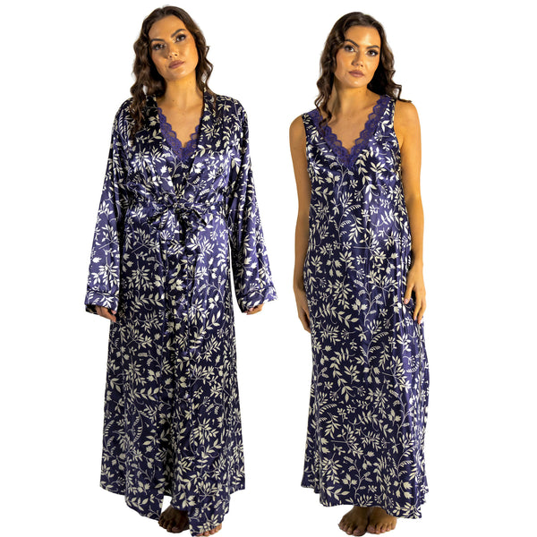 Indigo navy blue autumn floral silky shiny satin and lace matching wide strap nightdress and dressing gown robe set which is full length in UK plus sizes 18, 20, 22, 24,