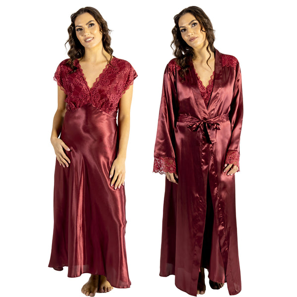 ladies cherry burgundy red silky shiny satin and lace matching wide strap nightdress and dressing gown robe set which is full length in UK plus sizes 18, 20, 22, 24,