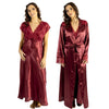 ladies cherry burgundy red silky shiny satin and lace matching wide strap nightdress and dressing gown robe set which is full length in UK plus sizes 18, 20, 22, 24,
