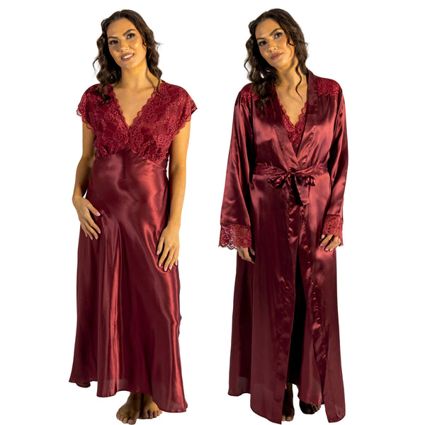 ladies cherry burgundy red silky shiny satin and lace matching wide strap nightdress and dressing gown robe set which is full length in UK plus sizes 18, 20, 22, 24,