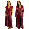 ladies cherry burgundy red silky shiny satin and lace matching wide strap nightdress and dressing gown robe set which is full length in UK plus sizes 18, 20, 22, 24,